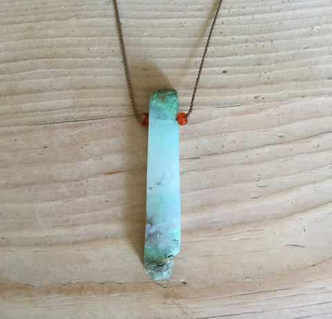 natural chrysoprase "stick" pendant with faceted carnelian accent