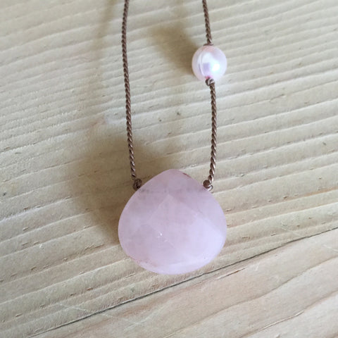 double-love rose quartz faceted briolette with pink pearl accent